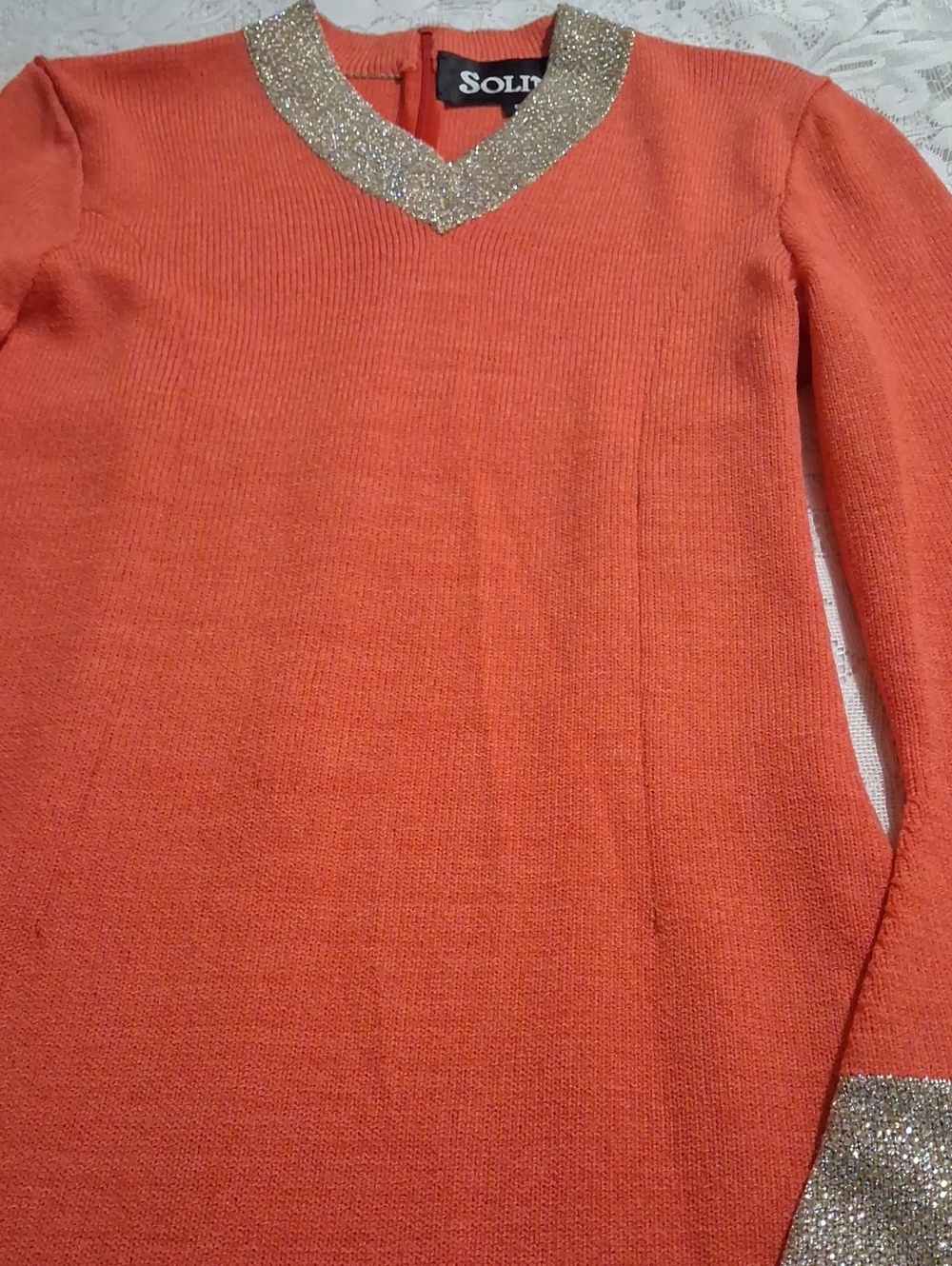 LINI Orange V-Neck Sweater with Gold Glitter Trim